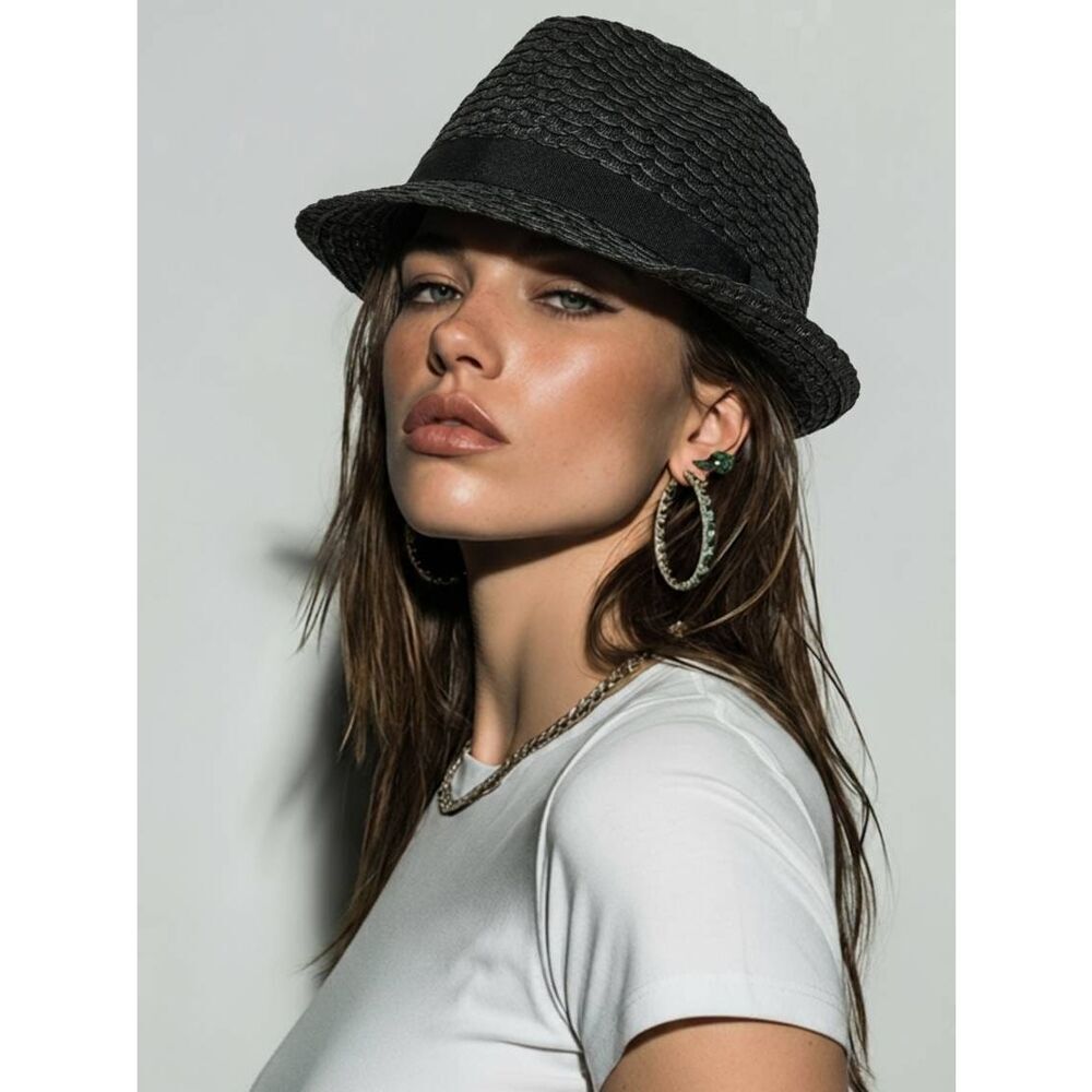 🐞Apt 9 Black/Dark Gray Flat Bow Trimmed Fedora Hat